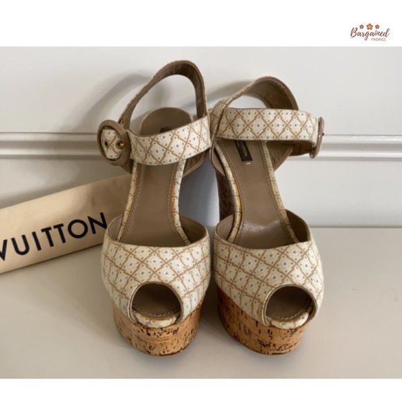 Authentic Louis Vuitton Cream Beige Printed Wedge Cork Platform Sandals 39.5/9.5 - Picture 5 of 14